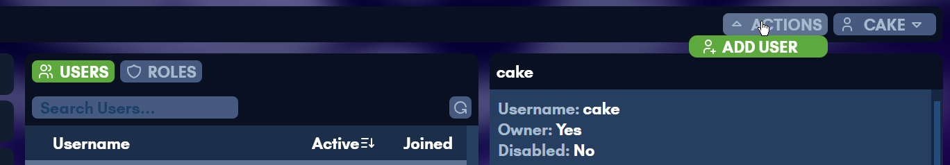 Add User under the Actions menu on the Users page