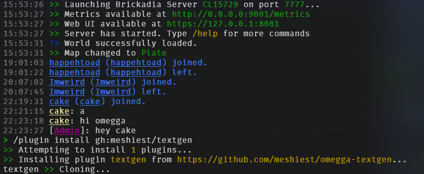Omegga starting up and installing a plugin