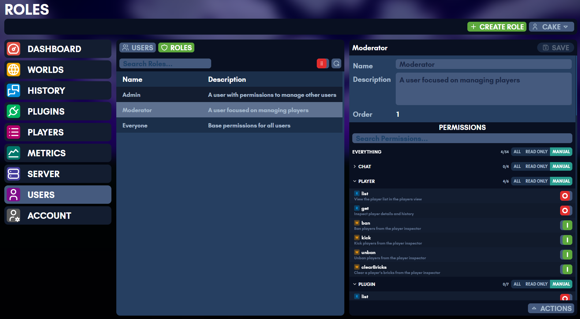 Editing a role's permissions in the web UI